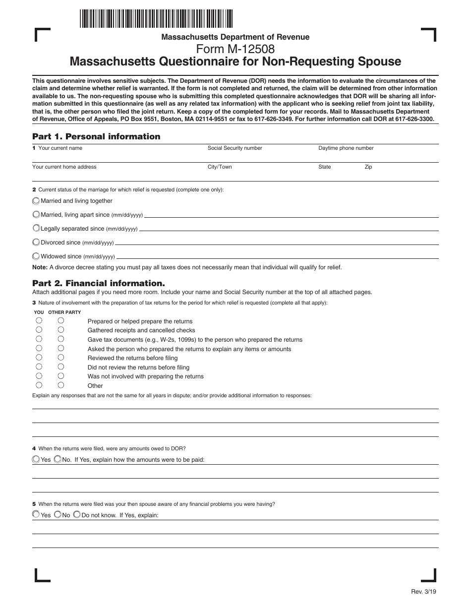 Form M-12508 Massachusetts Questionnaire for Non-requesting Spouse - Massachusetts, Page 1