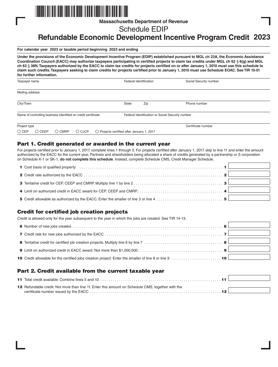 Schedule EDIP Refundable Economic Development Incentive Program Credit - Massachusetts, Page 1