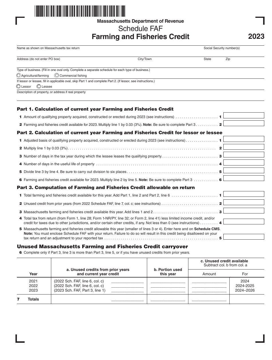 Schedule FAF Farming and Fisheries Credit - Massachusetts, Page 1