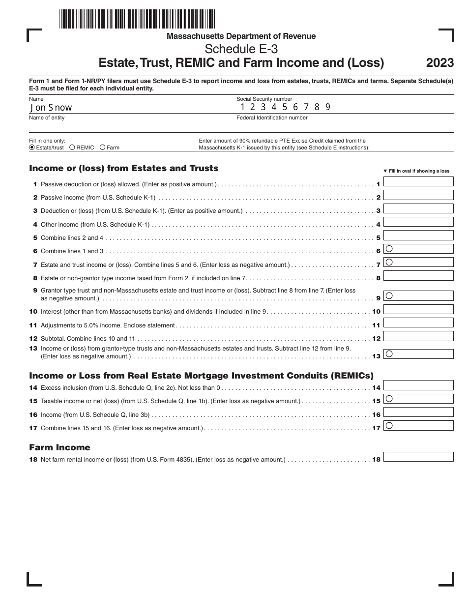 Schedule E-3 Estate, Trust, REMIC and Farm Income and (Loss) - Massachusetts, Page 1