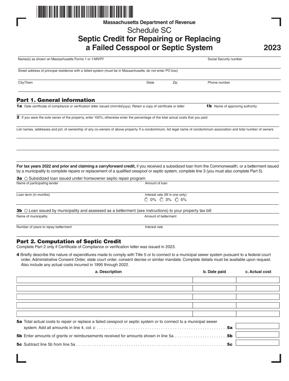 Schedule SC Septic Credit for Repairing or Replacing a Failed Cesspool or Septic System - Massachusetts, Page 1