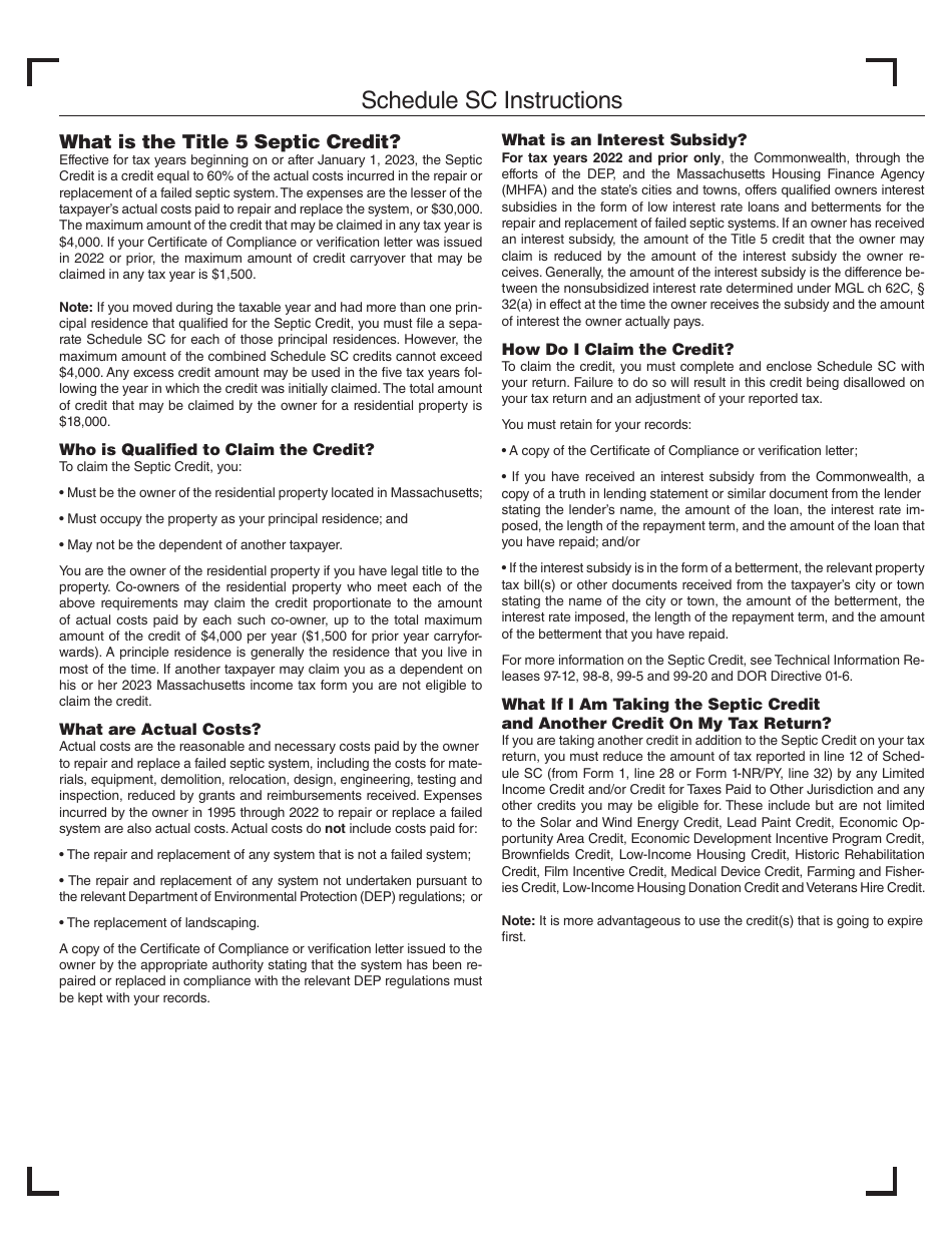 Schedule SC Septic Credit for Repairing or Replacing a Failed Cesspool or Septic System - Massachusetts, Page 4