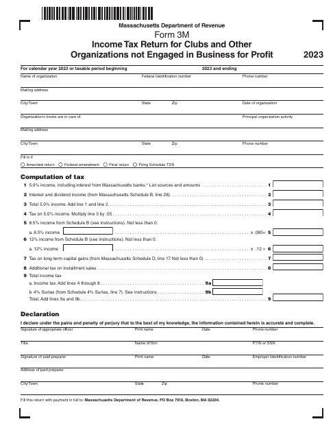 Form 3M Income Tax Return for Clubs and Other Organizations Not Engaged in Business for Profit - Massachusetts, 2023