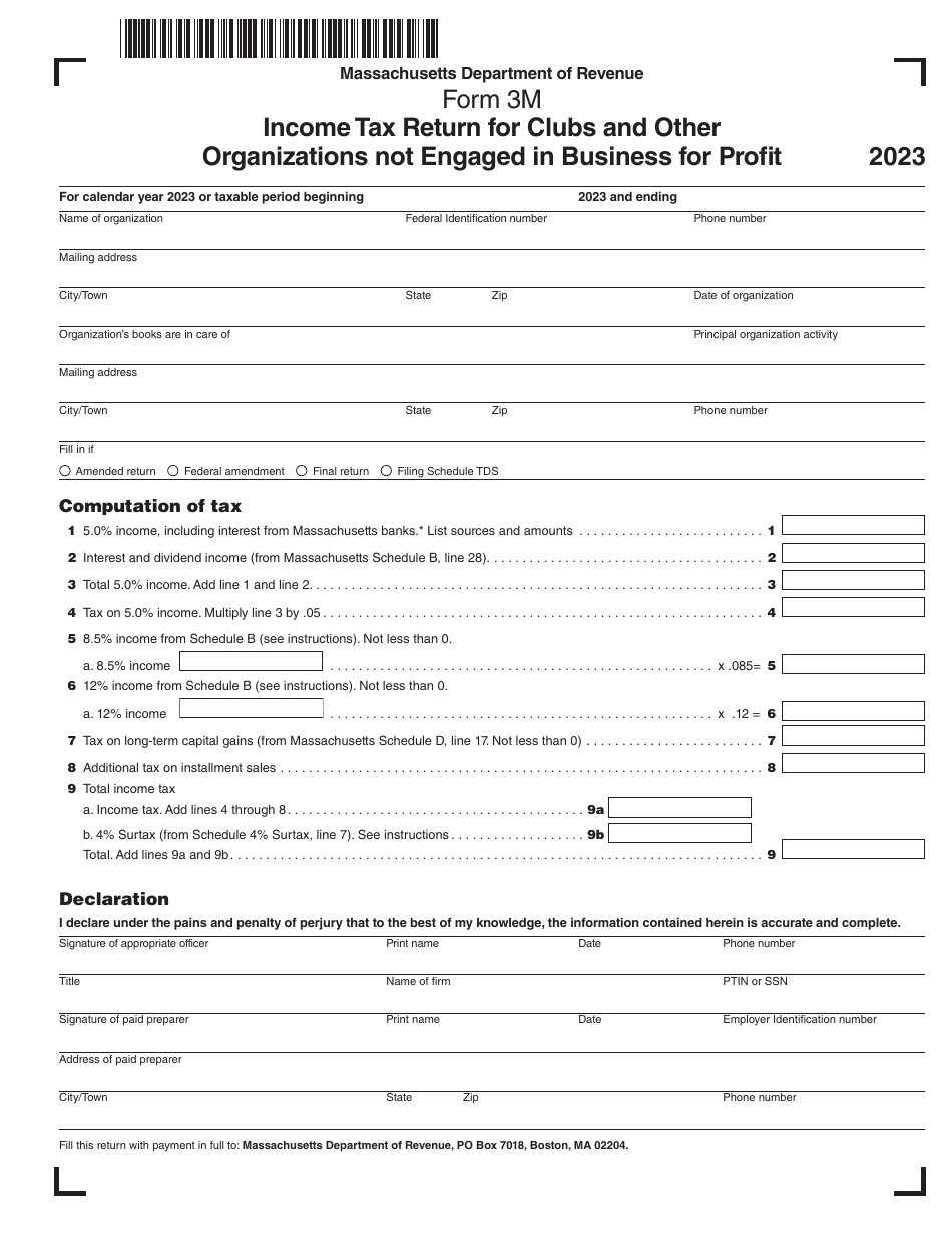 Form 3M Income Tax Return for Clubs and Other Organizations Not Engaged in Business for Profit - Massachusetts, Page 1