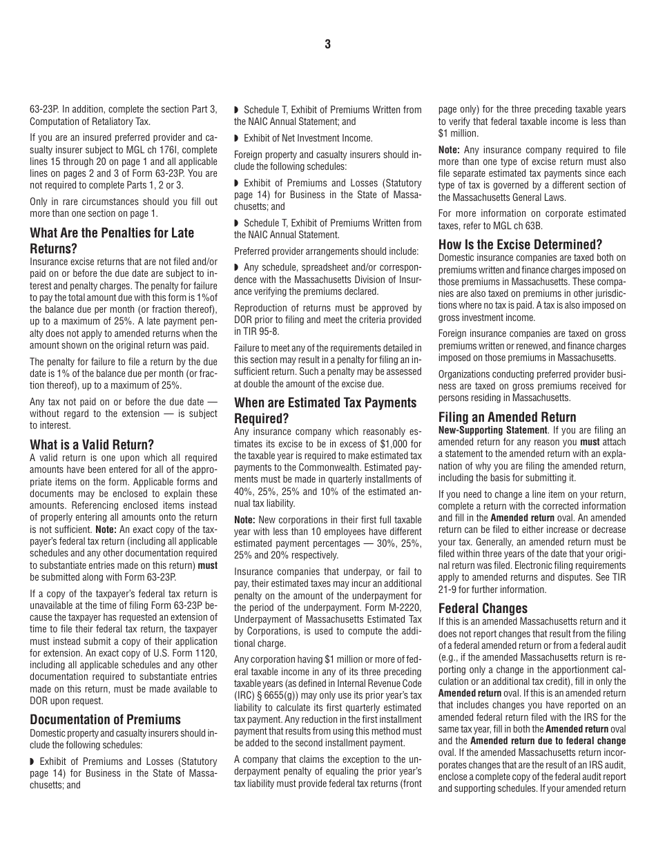 Instructions for Form 63-23P Premium Excise Return for Insurance Companies - Massachusetts, Page 3