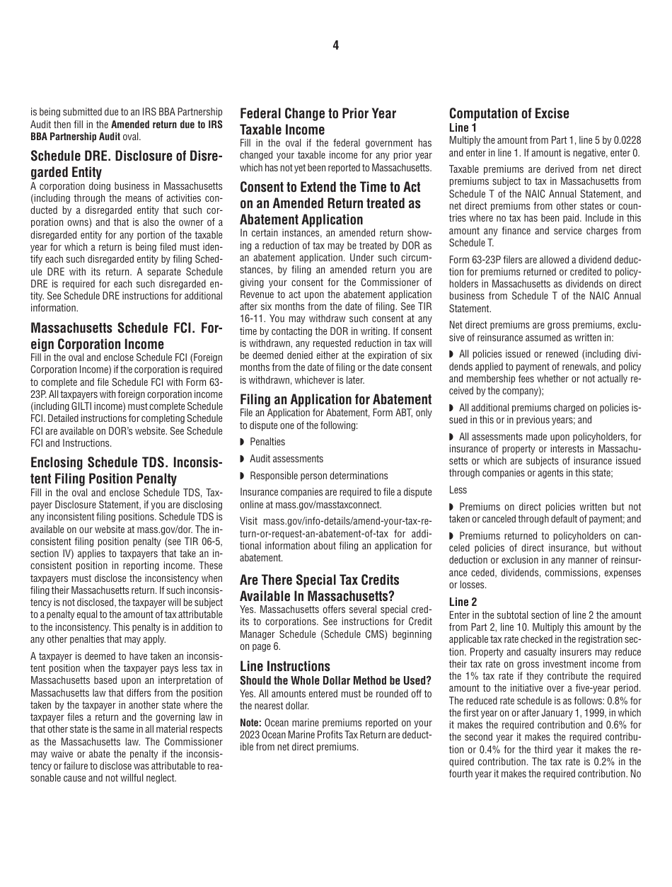 Instructions for Form 63-23P Premium Excise Return for Insurance Companies - Massachusetts, Page 4