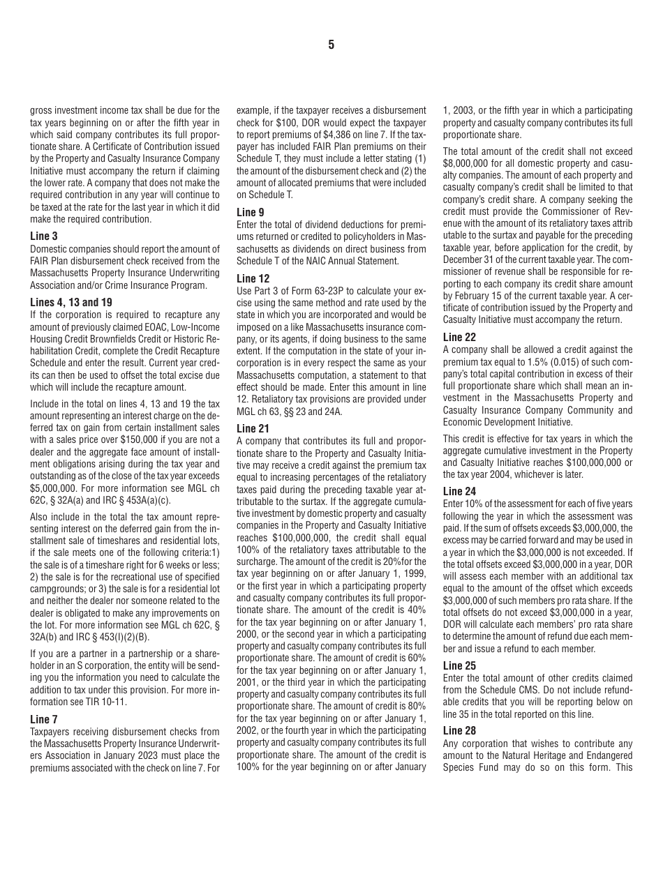 Instructions for Form 63-23P Premium Excise Return for Insurance Companies - Massachusetts, Page 5