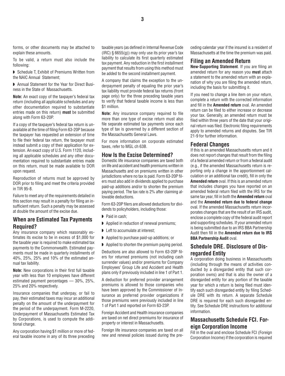 Instructions for Form 63-20P Premium Excise Return for Life Insurance Companies - Massachusetts, Page 3