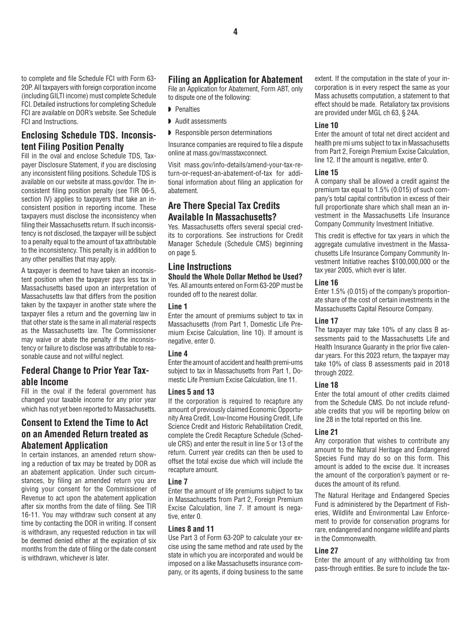 Instructions for Form 63-20P Premium Excise Return for Life Insurance Companies - Massachusetts, Page 4