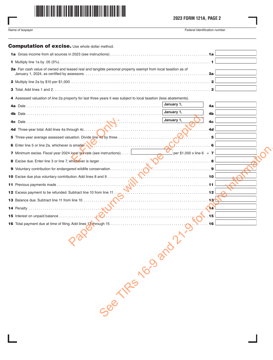 Form 121A Urban Redevelopment Excise Return - Massachusetts, Page 3