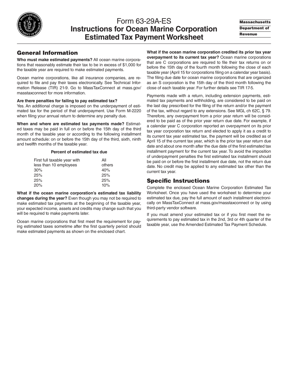 Form 63-29A-ES Ocean Marine Corporation Estimated Tax Worksheet - Massachusetts, Page 1