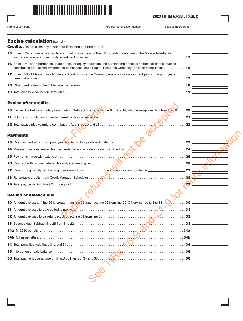 Form 63-20P Premium Excise Return for Life Insurance Companies - Massachusetts, Page 3