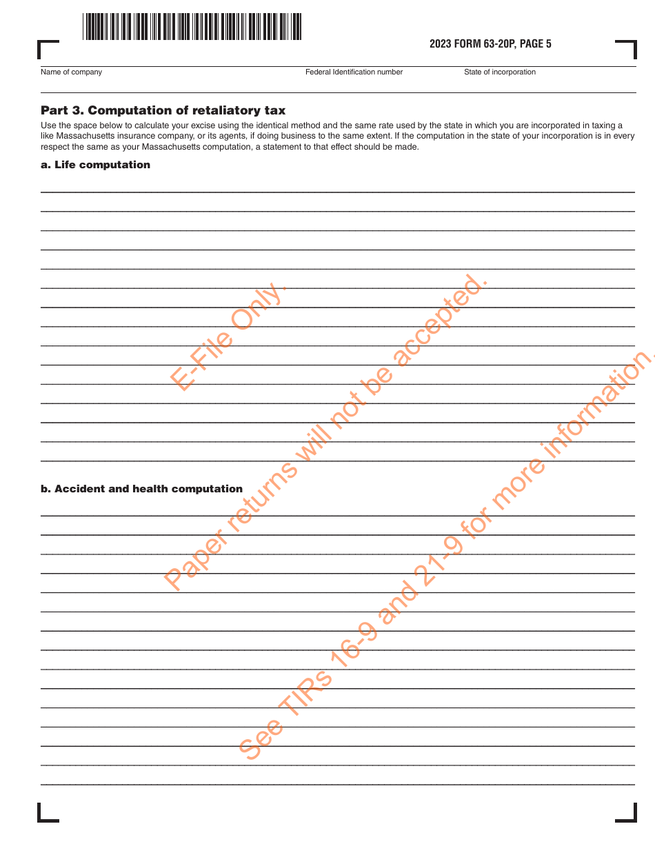 Form 63-20P Premium Excise Return for Life Insurance Companies - Massachusetts, Page 6