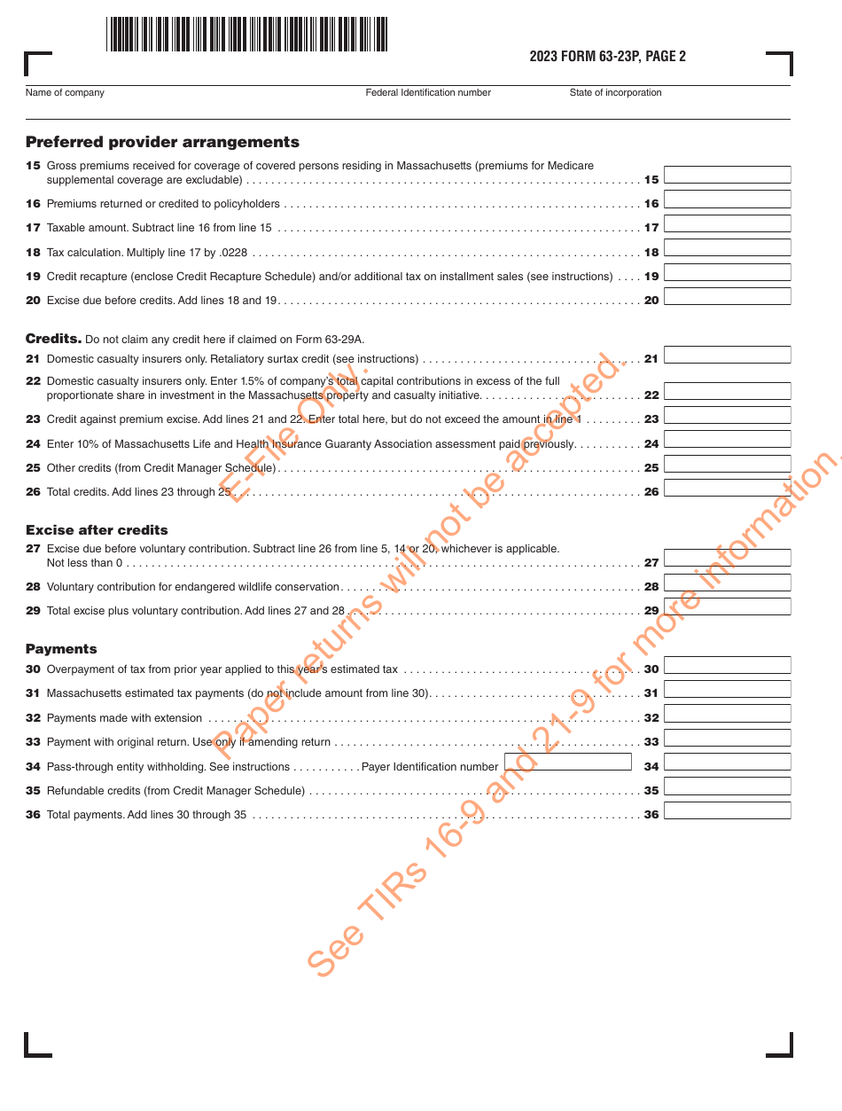 Form 63-23P Premium Excise Return for Insurance Companies - Massachusetts, Page 3
