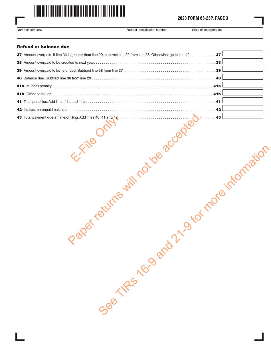 Form 63-23P Premium Excise Return for Insurance Companies - Massachusetts, Page 4
