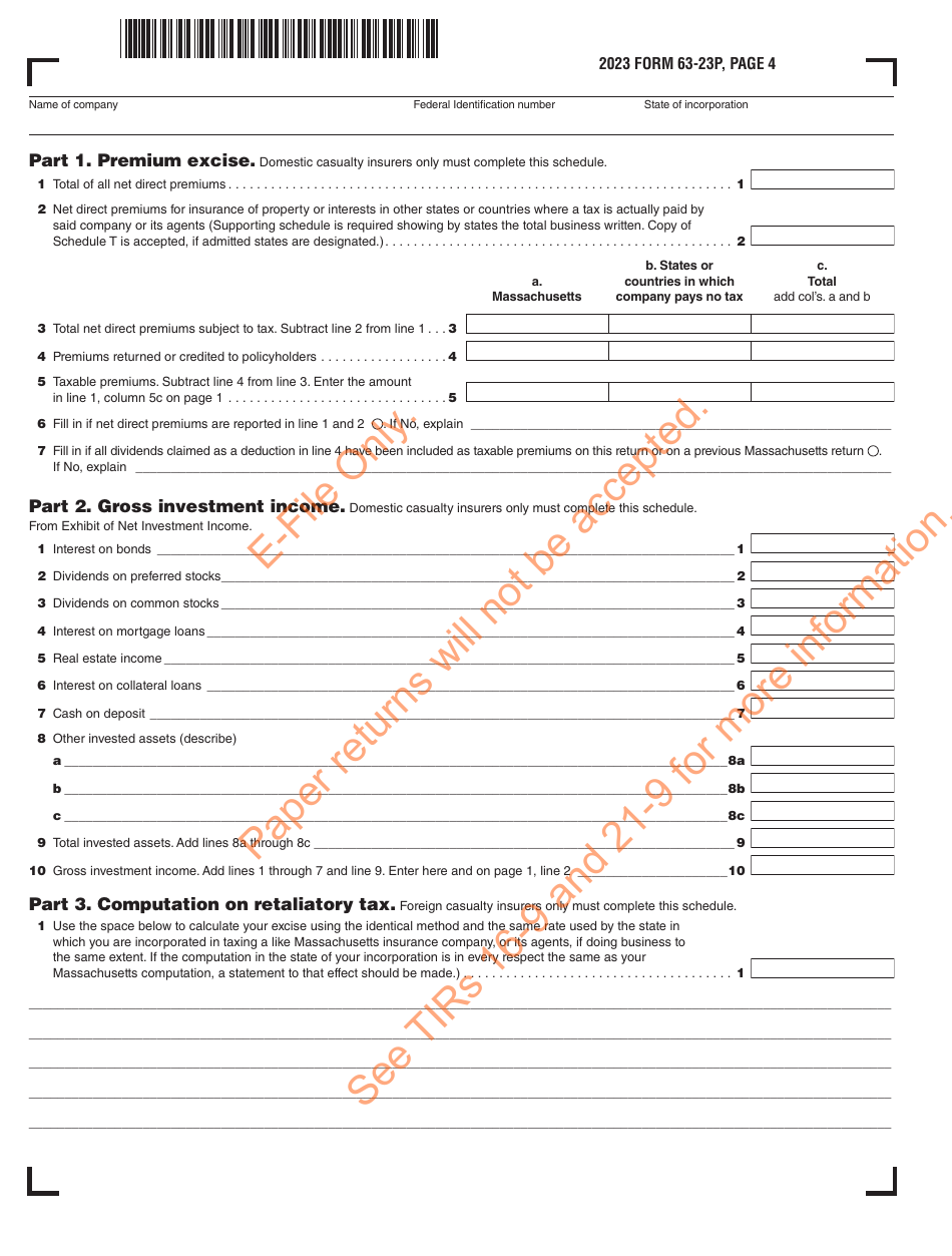 Form 63-23P Premium Excise Return for Insurance Companies - Massachusetts, Page 5