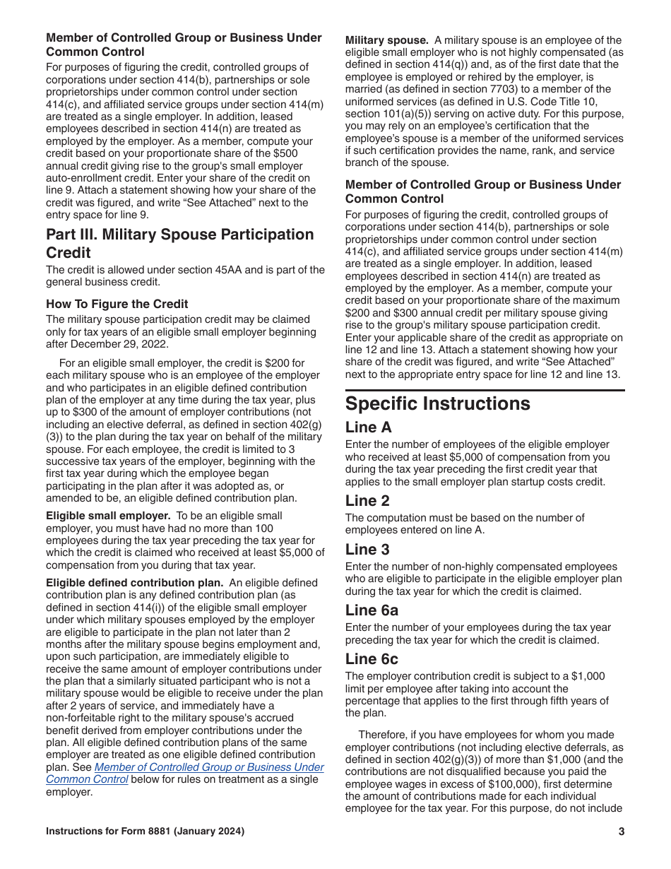 Instructions for IRS Form 8881 Credit for Small Employer Pension Plan Startup Costs, Auto-enrollment, and Military Spouse Participation, Page 3