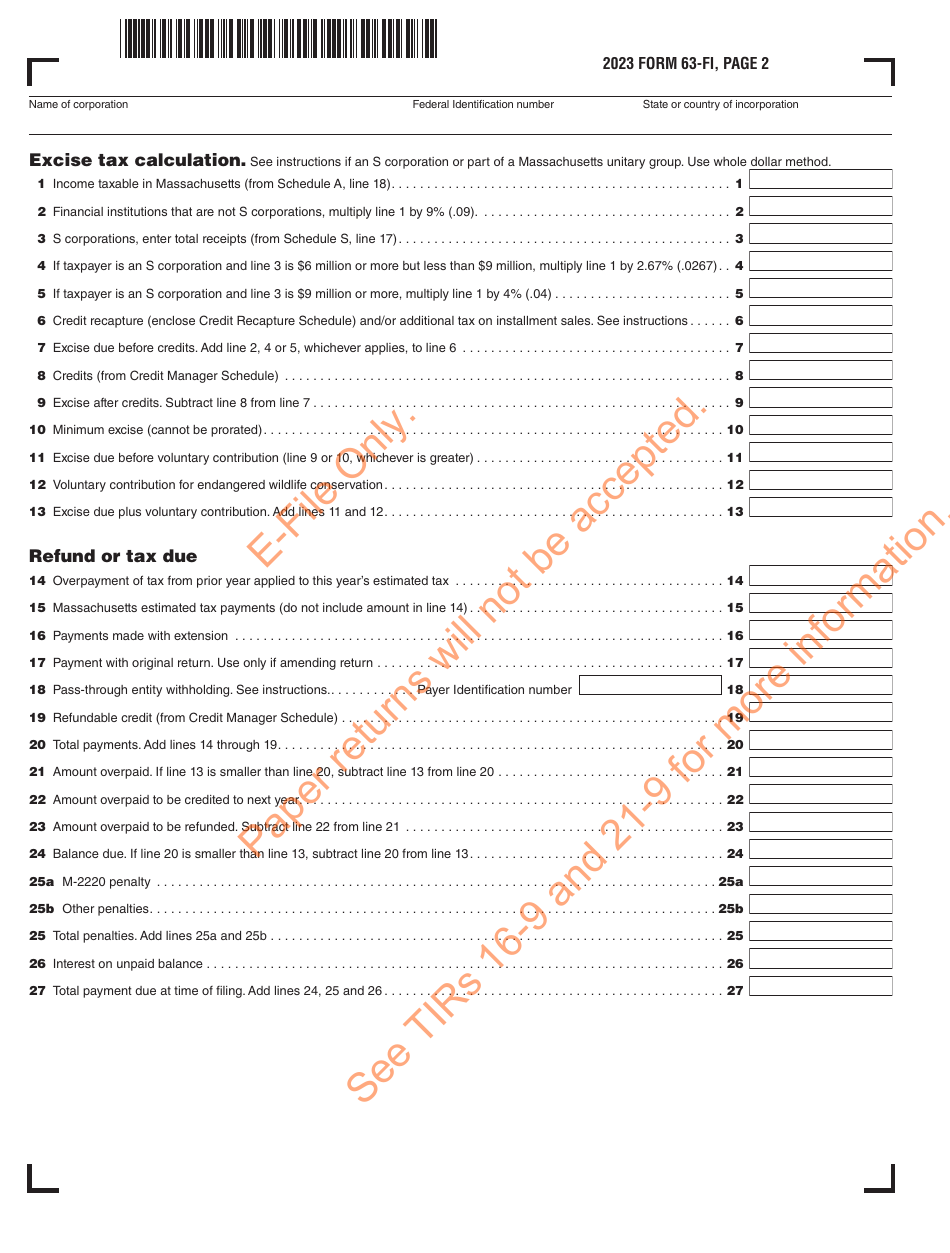 Form 63-FI Financial Institution Excise Return - Massachusetts, Page 3