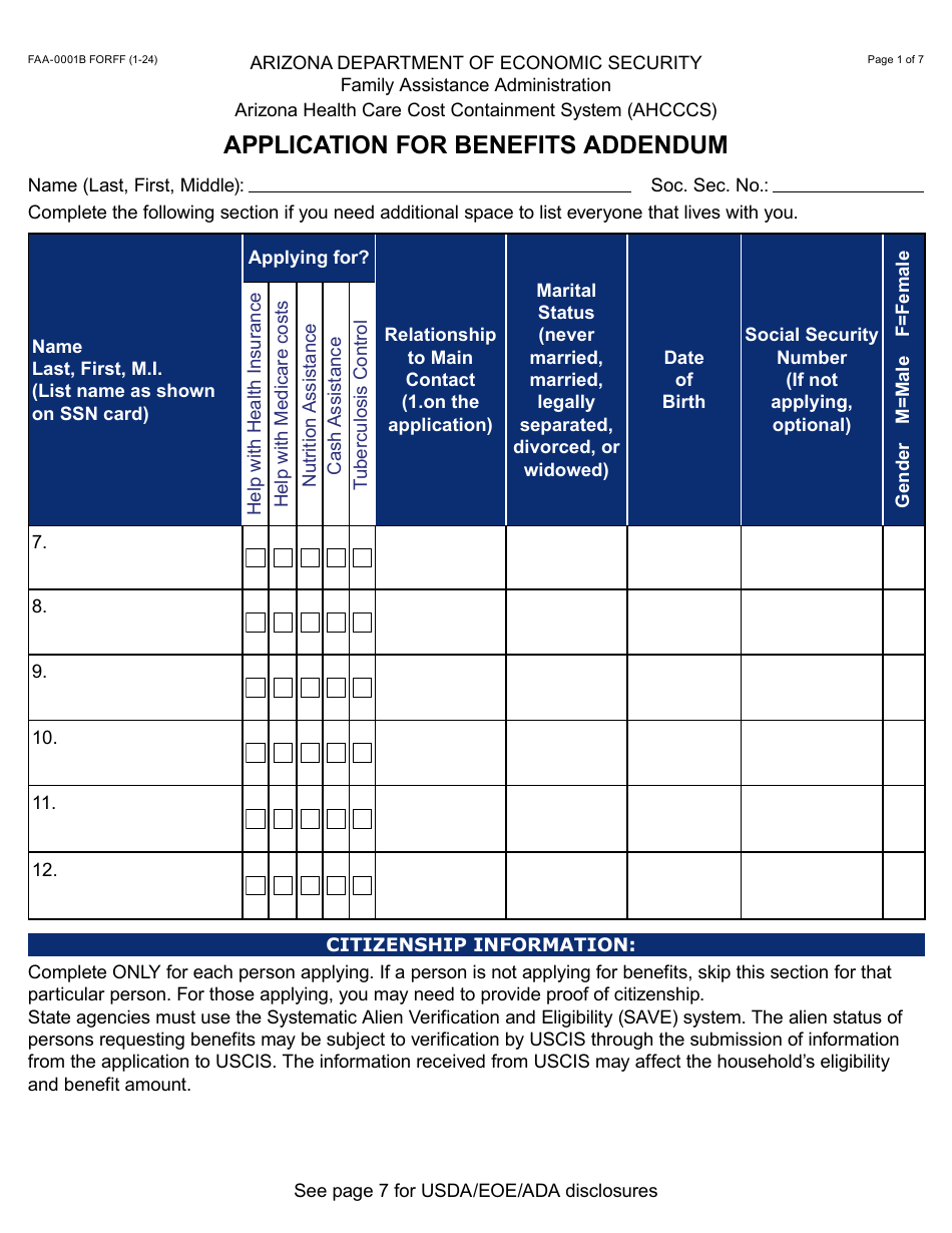 Form FAA-0001B Application for Benefits Addendum - Arizona, Page 1