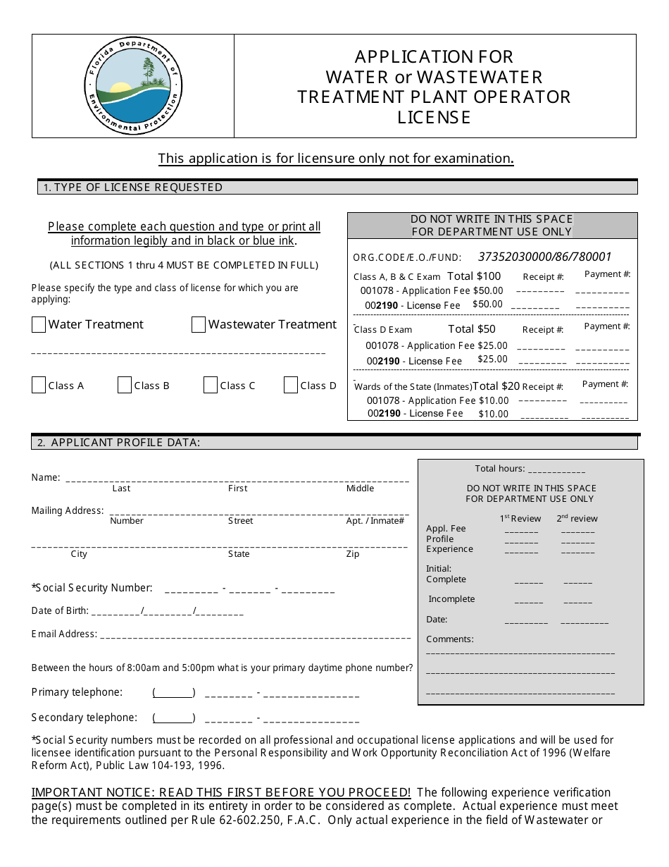 DEP Form 62-602.900(1) Application for Water or Wastewater Treatment Plant Operator License - Florida, Page 1