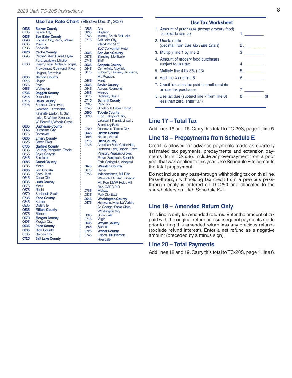 Instructions for Form TC-20S Utah S Corporation Return - Utah, Page 10