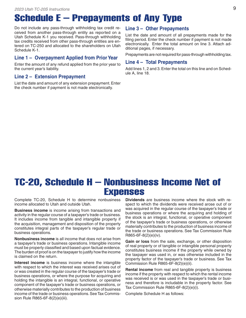 Instructions for Form TC-20S Utah S Corporation Return - Utah, Page 11