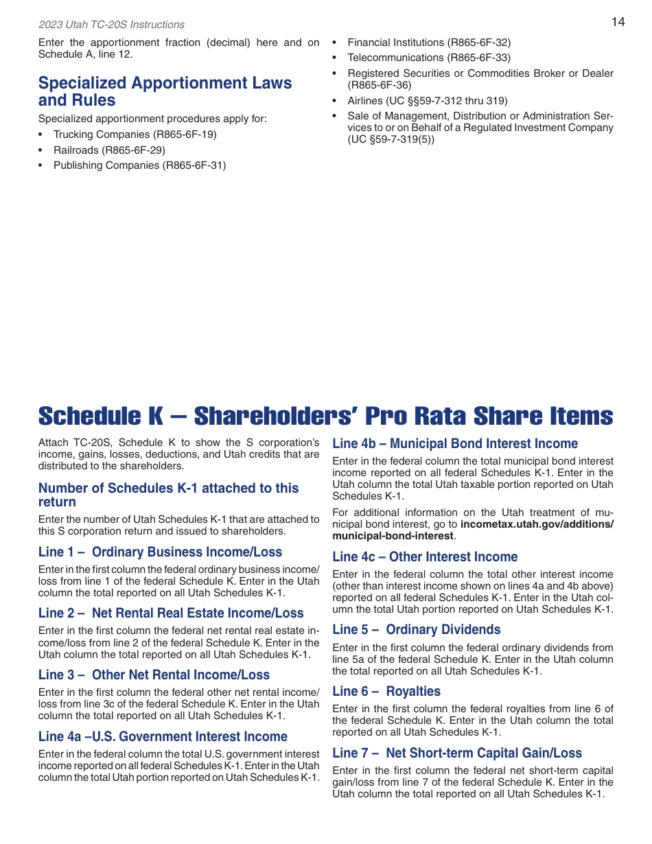 Instructions for Form TC-20S Utah S Corporation Return - Utah, Page 16
