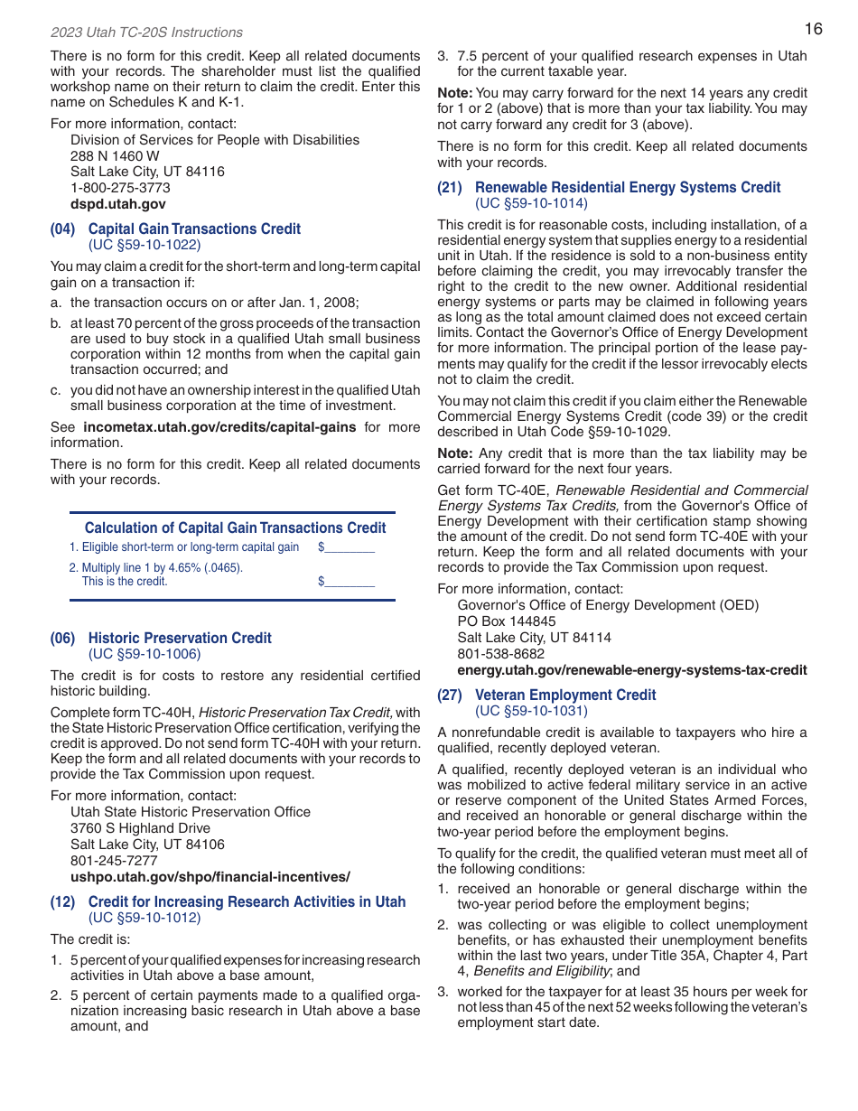 Instructions for Form TC-20S Utah S Corporation Return - Utah, Page 18
