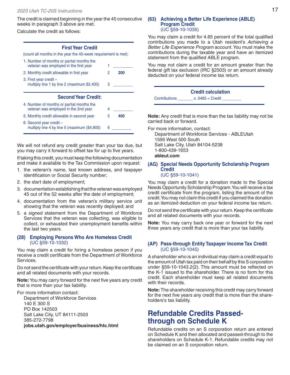 Instructions for Form TC-20S Utah S Corporation Return - Utah, Page 19