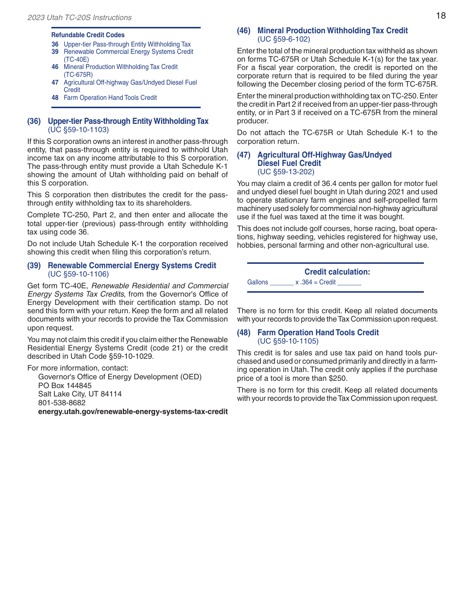 Instructions for Form TC-20S Utah S Corporation Return - Utah, Page 20