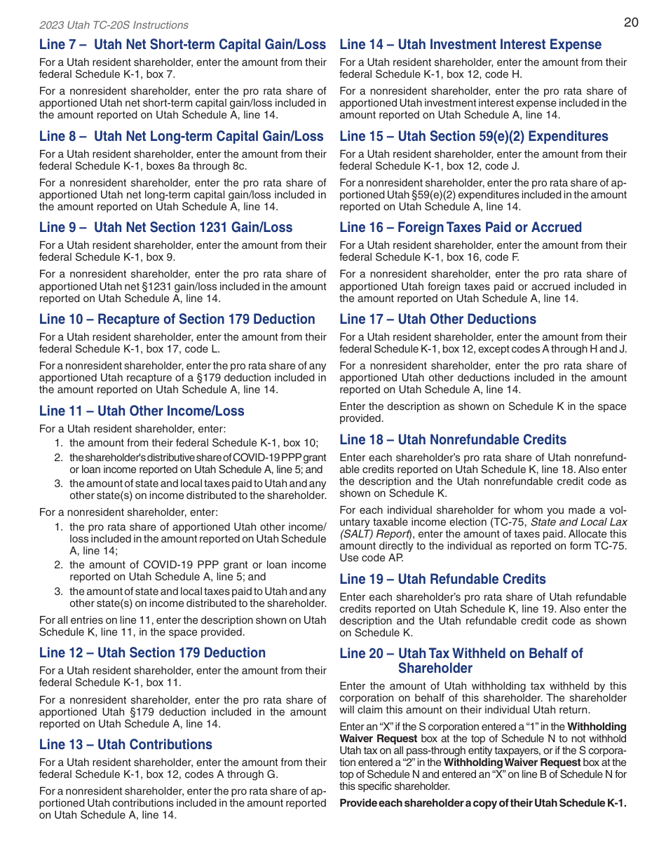 Instructions for Form TC-20S Utah S Corporation Return - Utah, Page 22