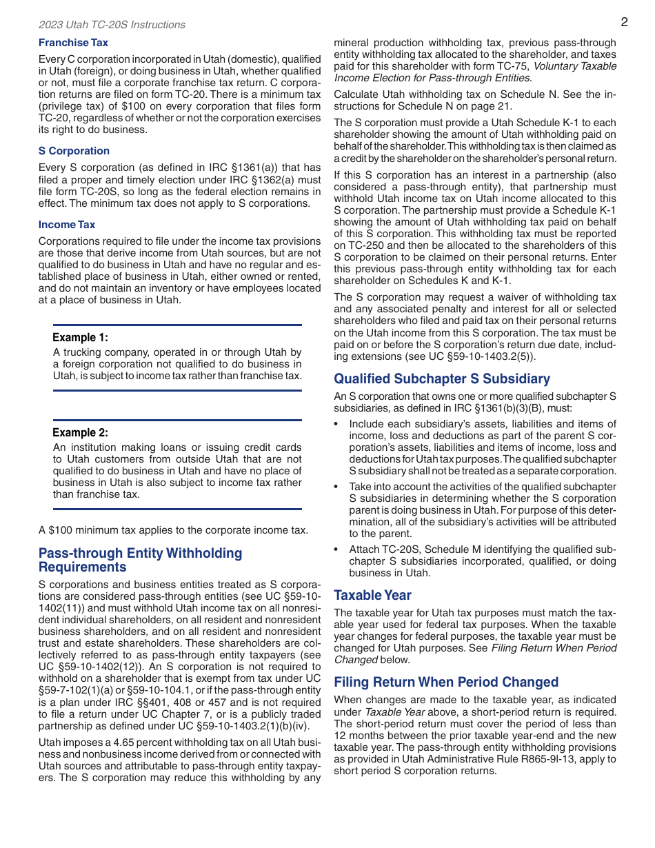 Instructions for Form TC-20S Utah S Corporation Return - Utah, Page 4