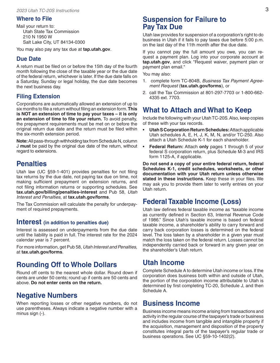 Instructions for Form TC-20S Utah S Corporation Return - Utah, Page 5