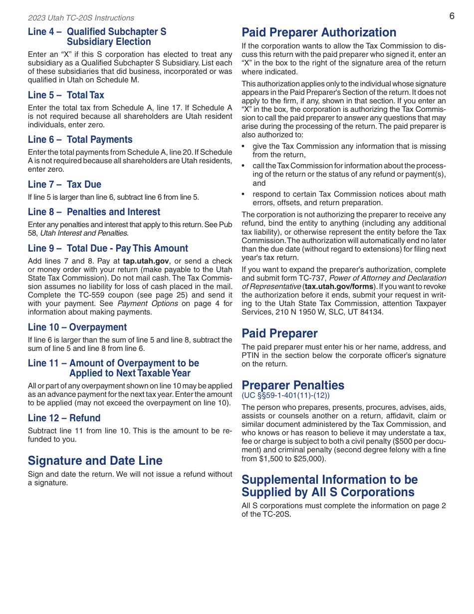Instructions for Form TC-20S Utah S Corporation Return - Utah, Page 8
