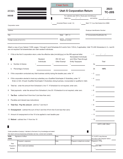 Form TC-20S Utah S Corporation Return - Utah, 2023