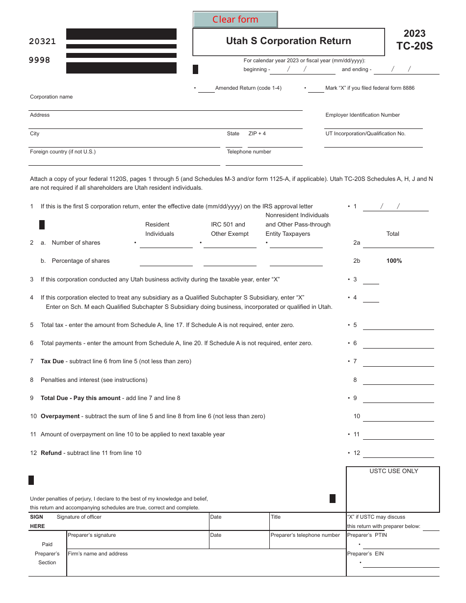 Form TC-20S Utah S Corporation Return - Utah, Page 1