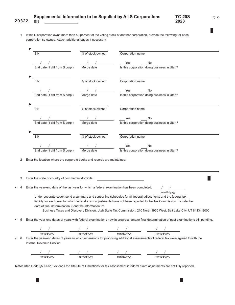 Form TC-20S Utah S Corporation Return - Utah, Page 2