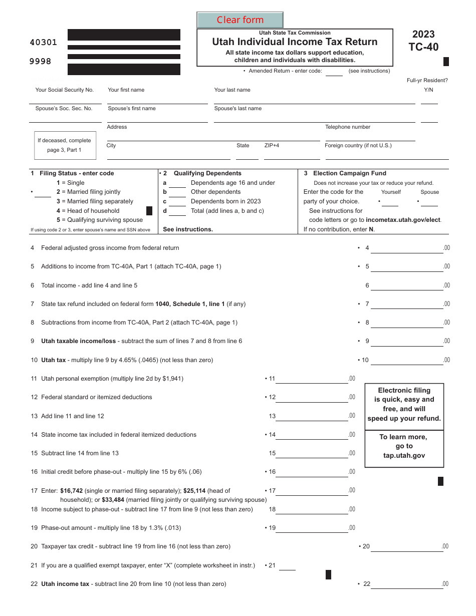 Form TC-40 Utah Individual Income Tax Return - Utah, Page 1