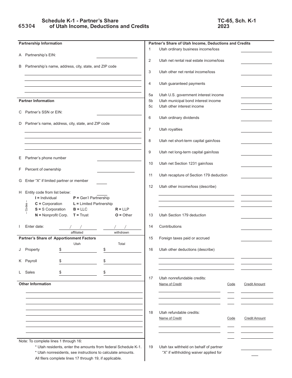 Form TC-65 Utah Partnership / Limited Liability Partnership / Limited Liability Company Return - Utah, Page 8