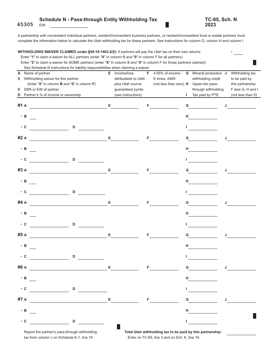 Form TC-65 Utah Partnership / Limited Liability Partnership / Limited Liability Company Return - Utah, Page 9