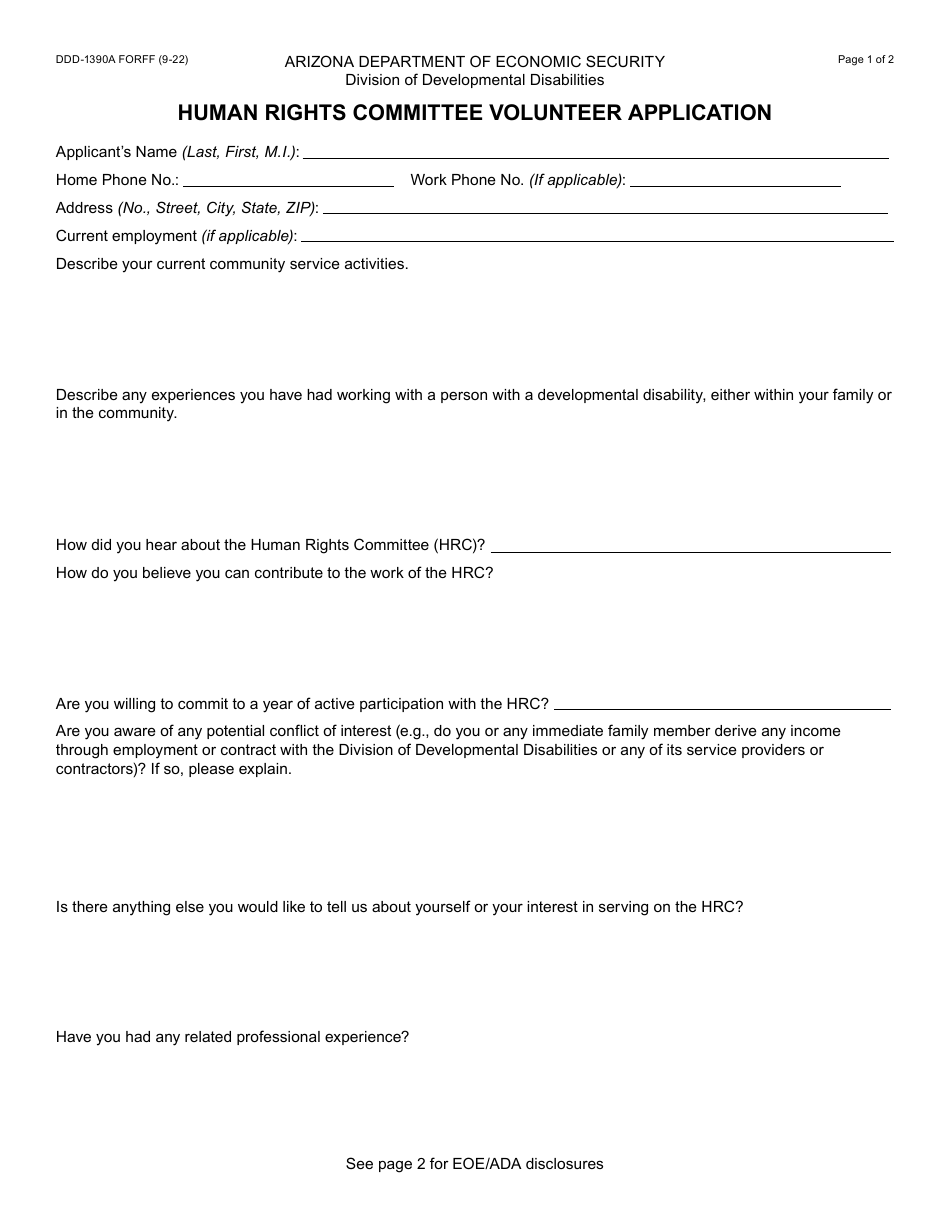 Form DDD-1390A Human Rights Committee Volunteer Application - Arizona, Page 1