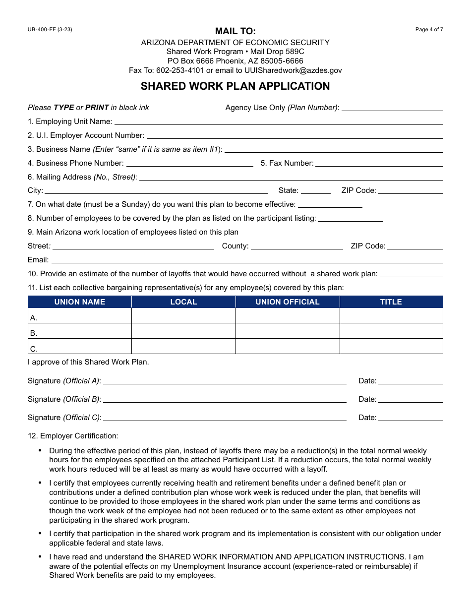 Form UB-400 Shared Work Plan Application - Arizona, Page 5