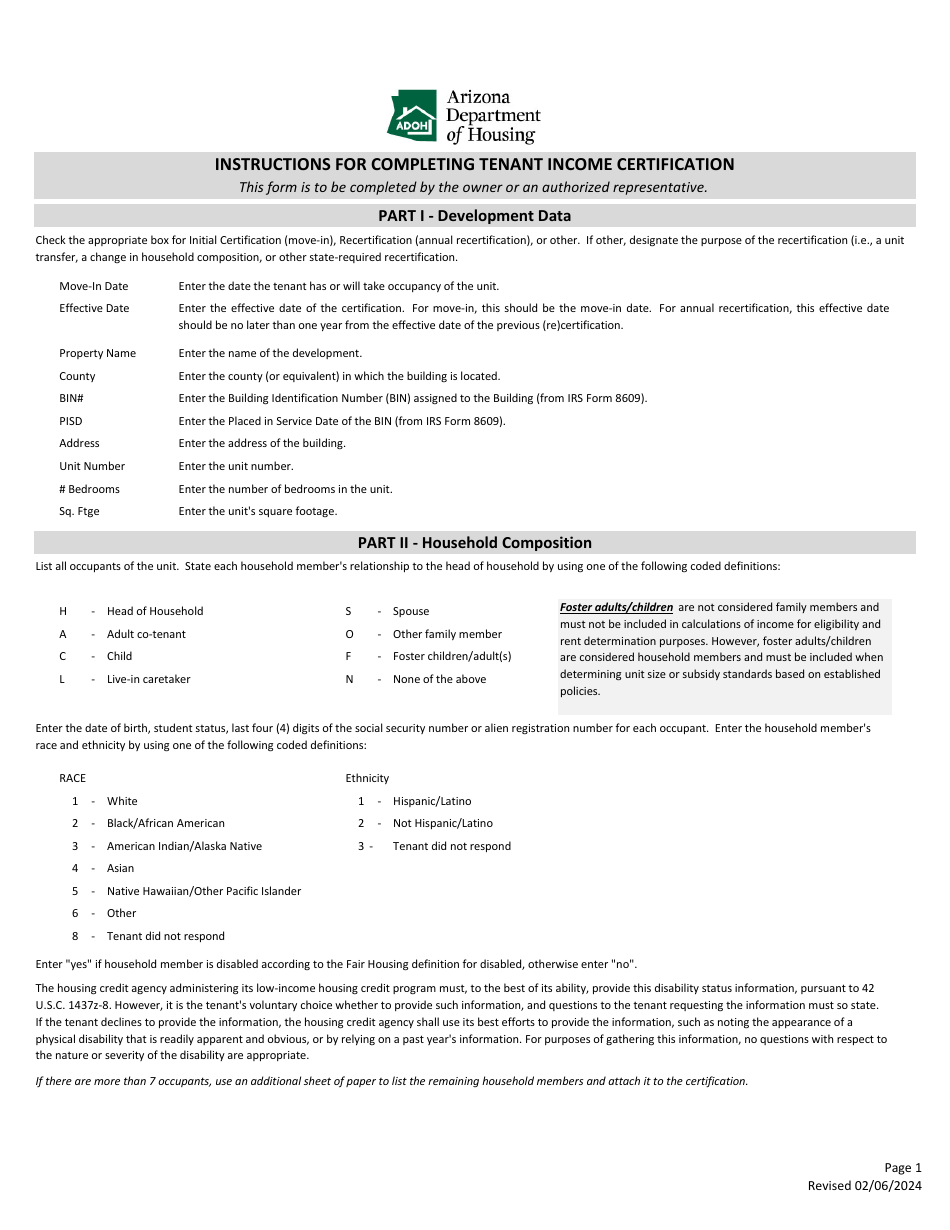 Tenant Income Certification - Arizona, Page 1