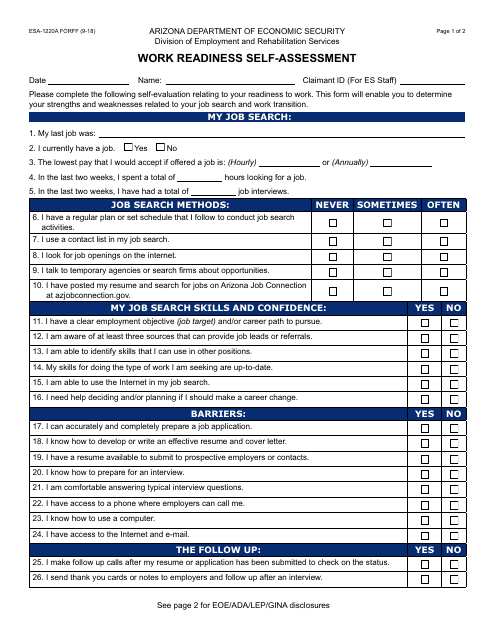 Form ESA-1220A Work Readiness Self-assessment - Arizona