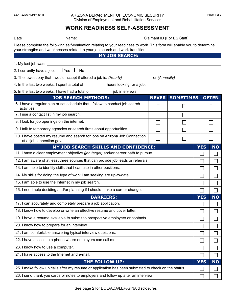 Form ESA-1220A Work Readiness Self-assessment - Arizona, Page 1