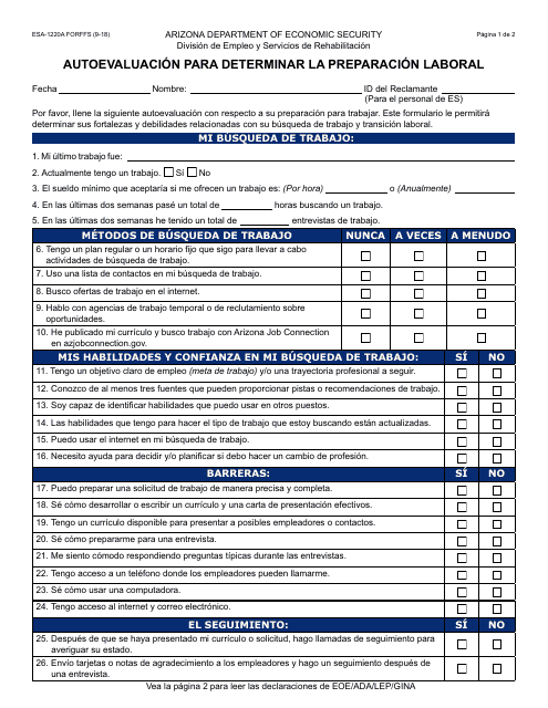 Formulario ESA-1220A-S Autoevaluacion Para Determinar La Preparacion Laboral - Arizona (Spanish)