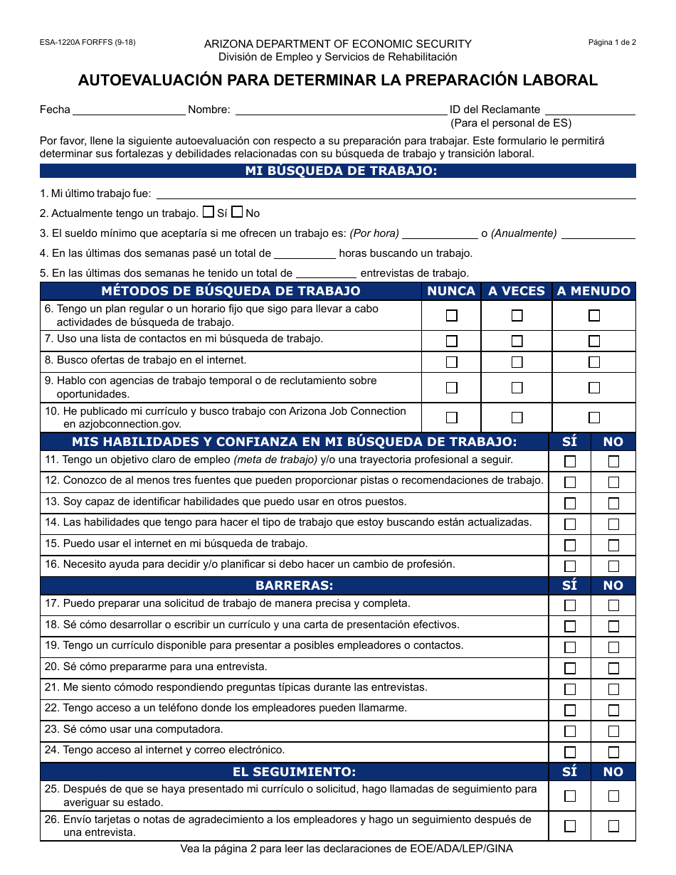 Formulario ESA-1220A-S Autoevaluacion Para Determinar La Preparacion Laboral - Arizona (Spanish), Page 1