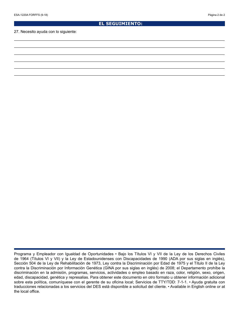 Formulario ESA-1220A-S Autoevaluacion Para Determinar La Preparacion Laboral - Arizona (Spanish), Page 2