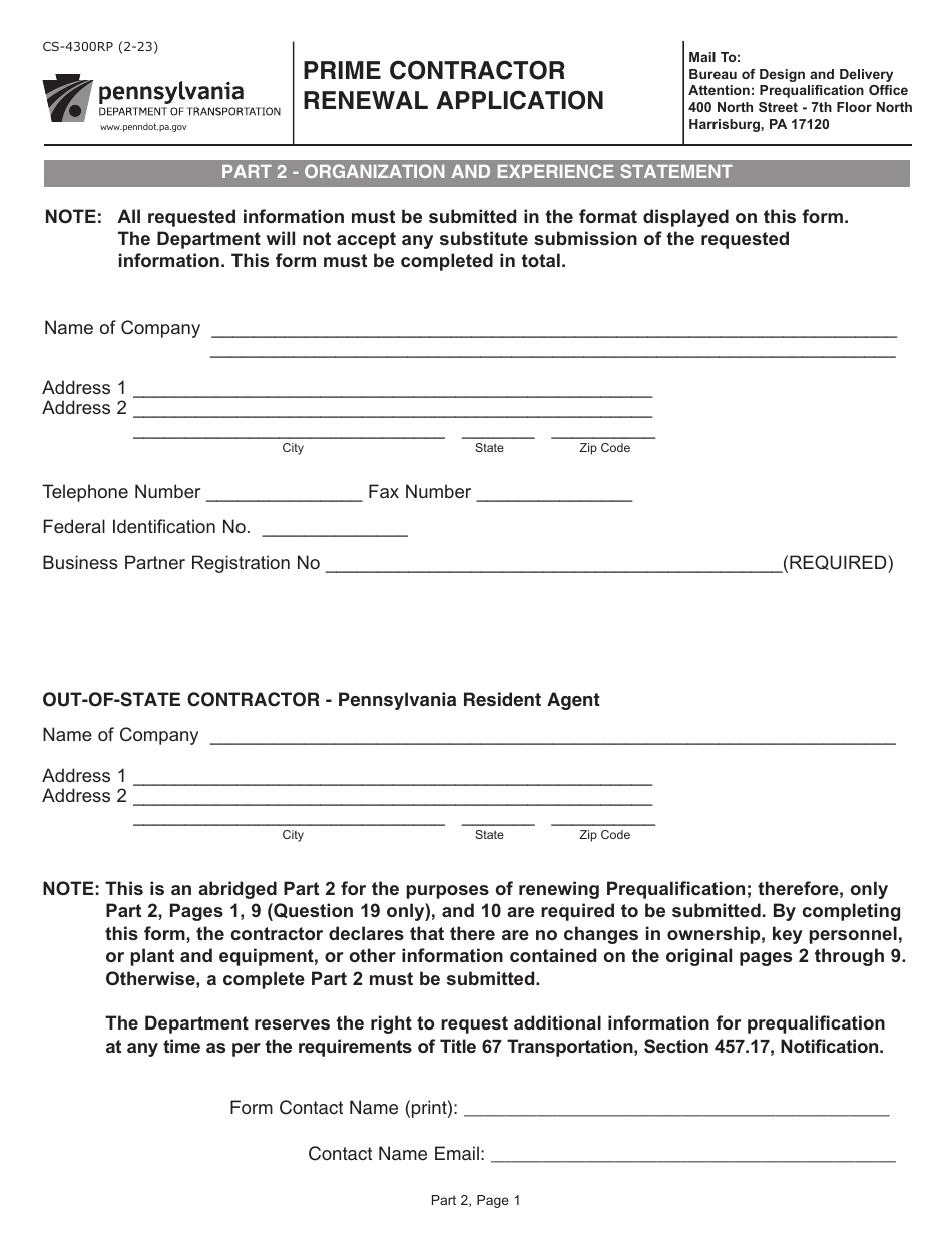 Form CS-4300RP Prime Contractor Renewal Application - Pennsylvania, Page 16