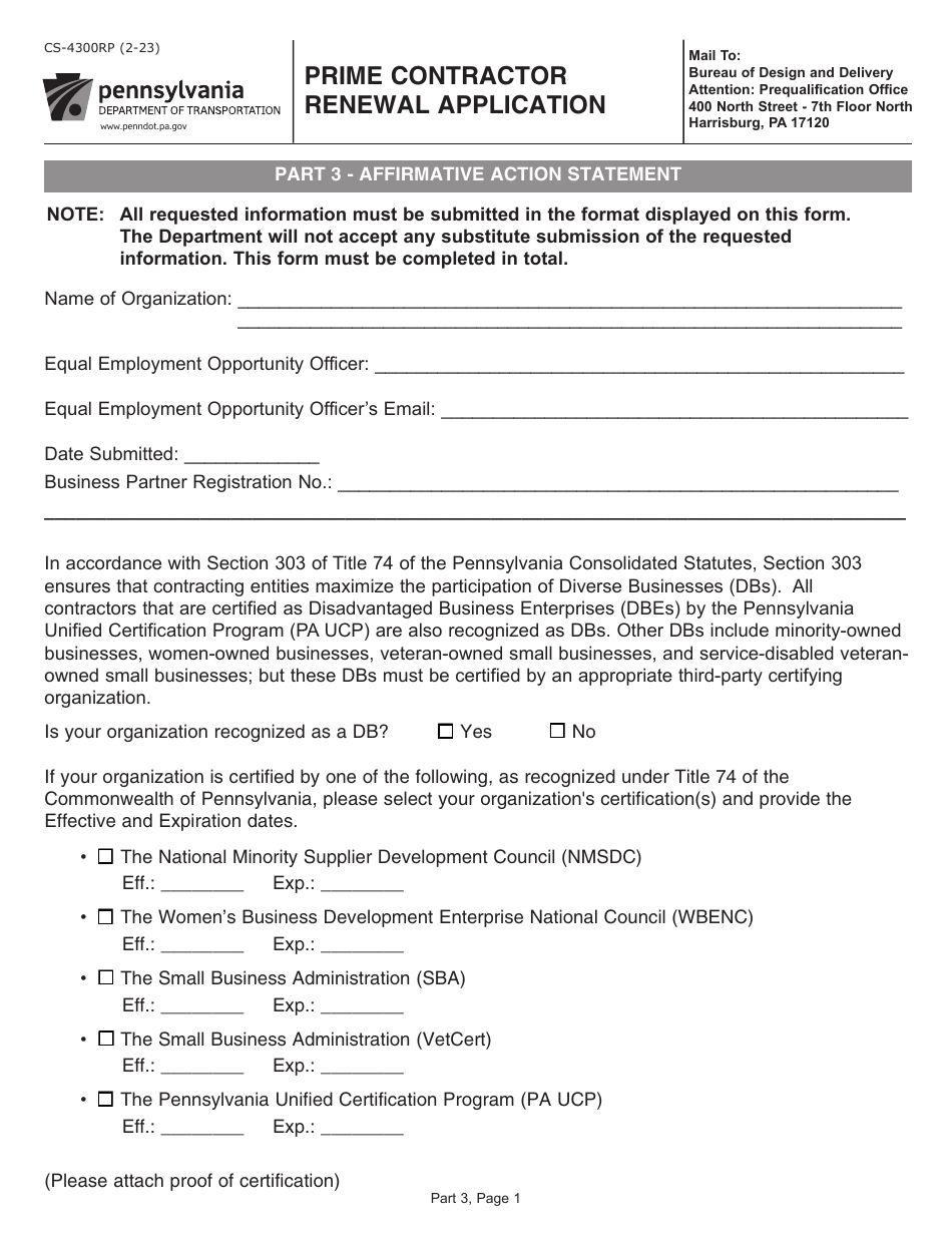 Form CS-4300RP Prime Contractor Renewal Application - Pennsylvania, Page 19